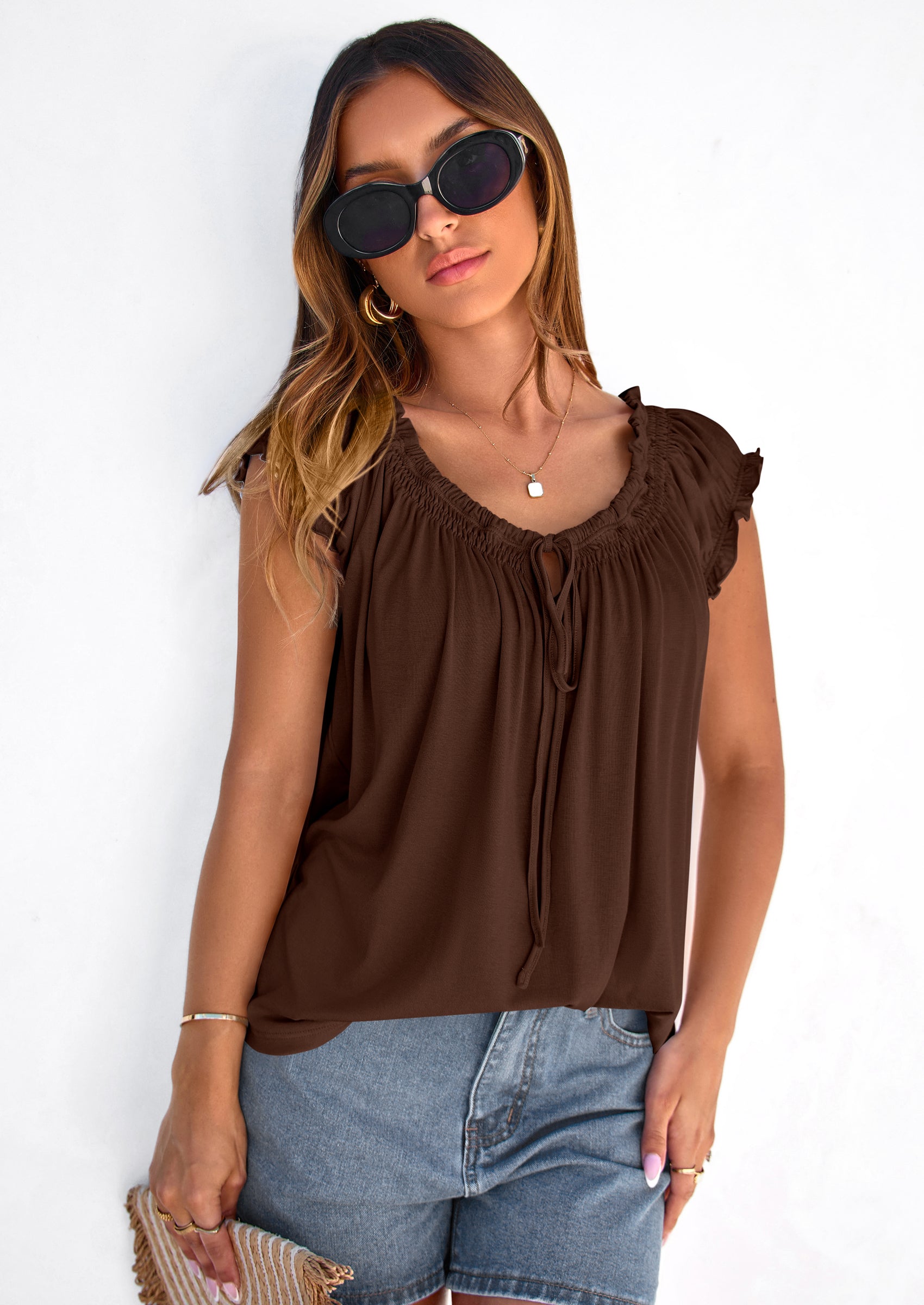 PRETTYGARDEN Womens Tie Front Tank Tops Summer Fashion Cap Sleeve Babydoll Blouses Flowy Shirts Spring Going Out Outfits PRETTYGARDEN