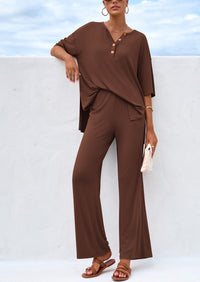 PRETTYGARDEN Women's 2 Piece Outfits Summer Casual V Neck Short Sleeve Tops Wide Leg Pants Matching Lounge Sets