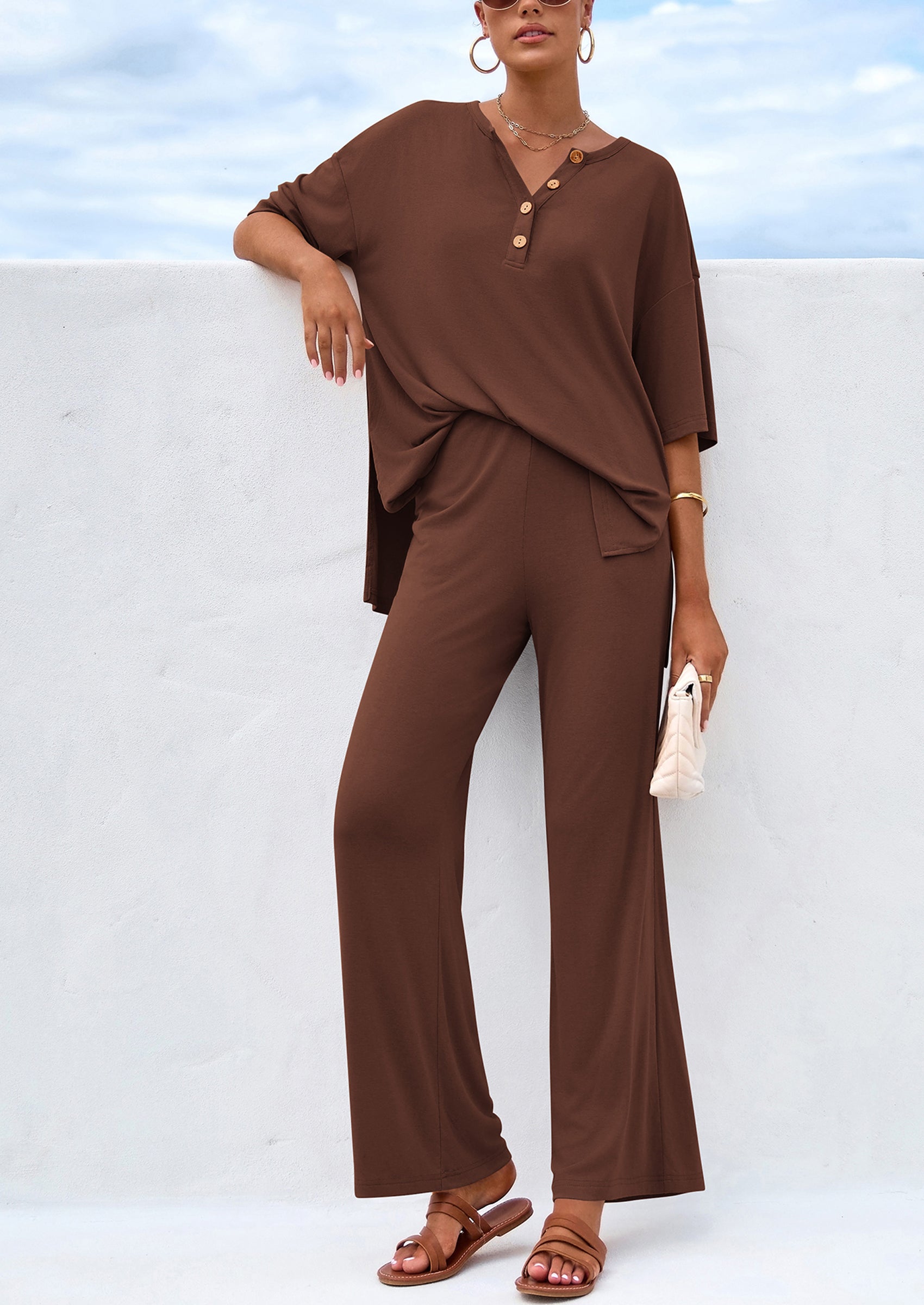 PRETTYGARDEN Women's 2 Piece Outfits Summer Casual V Neck Short Sleeve Tops Wide Leg Pants Matching Lounge Sets