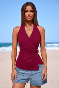 PRETTYGARDEN Womens Halter Top Spring Tie Wrap Sleeveless Ruched V Neck Fitted Summer Tops Backless Fashion Y2k Clothes PRETTYGARDEN