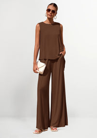 PRETTYGARDEN Women's Two Piece Matching Lounge Sets Asymmetrical Split Tank Tops Wide Leg Pants Summer Outfits Tracksuit