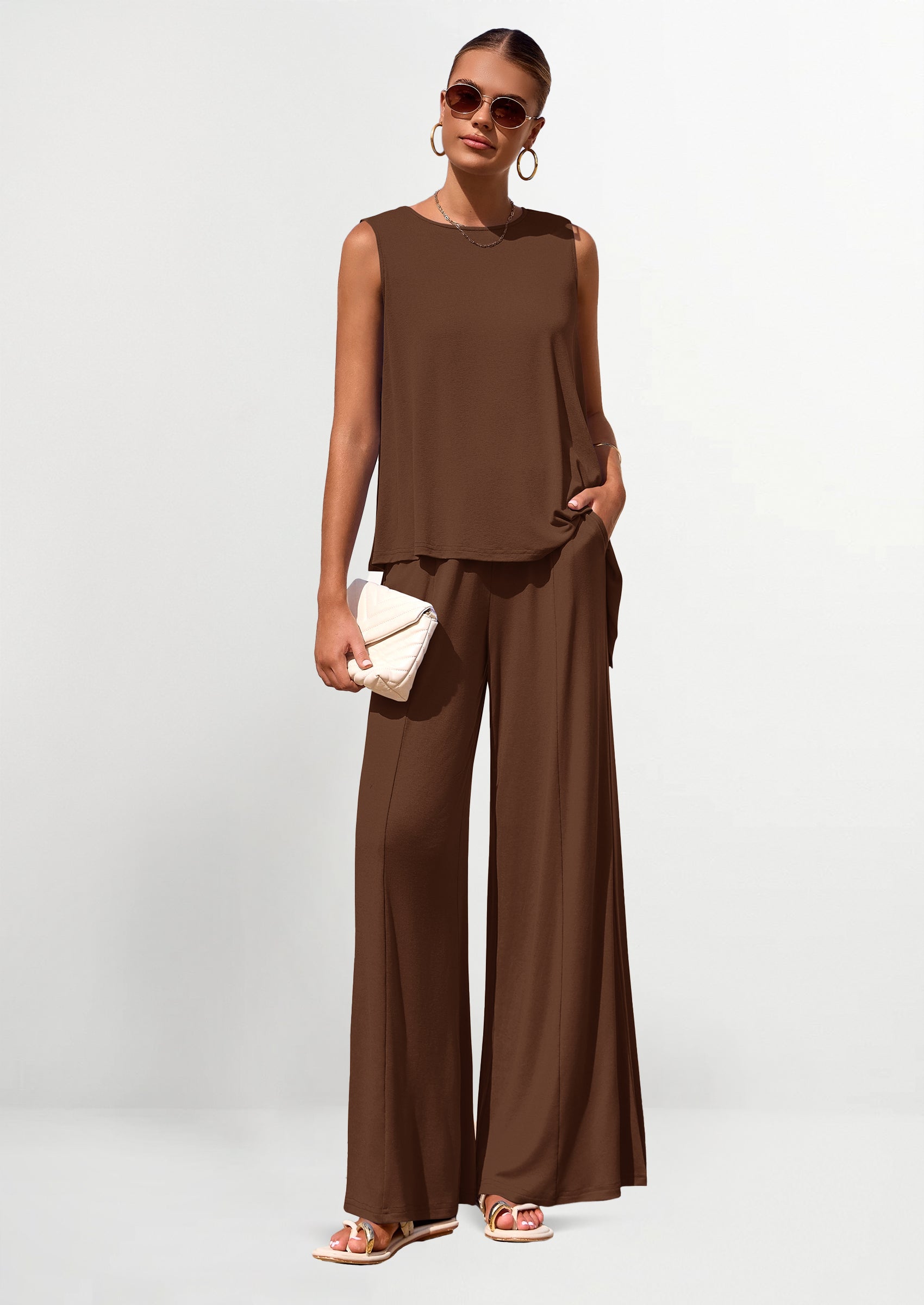 PRETTYGARDEN Women's Two Piece Matching Lounge Sets Asymmetrical Split Tank Tops Wide Leg Pants Summer Outfits Tracksuit