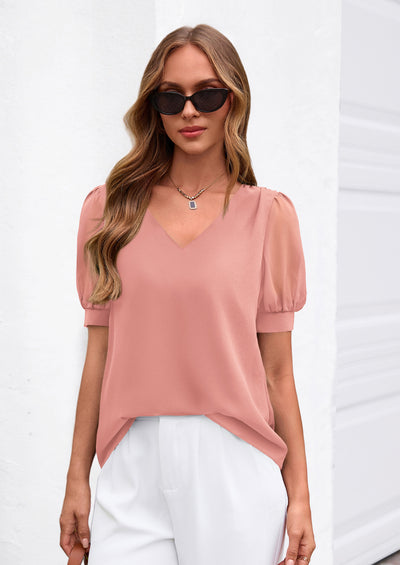 PRETTYGARDEN Womens Tops Dressy Casual Puff Sleeve Chiffon Blouses V Neck Business Work Shirts 2026 Summer Fashion Clothing