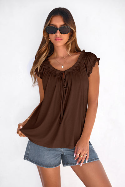 PRETTYGARDEN Womens Tie Front Tank Tops Summer Fashion Cap Sleeve Babydoll Blouses Flowy Shirts Spring Going Out Outfits PRETTYGARDEN