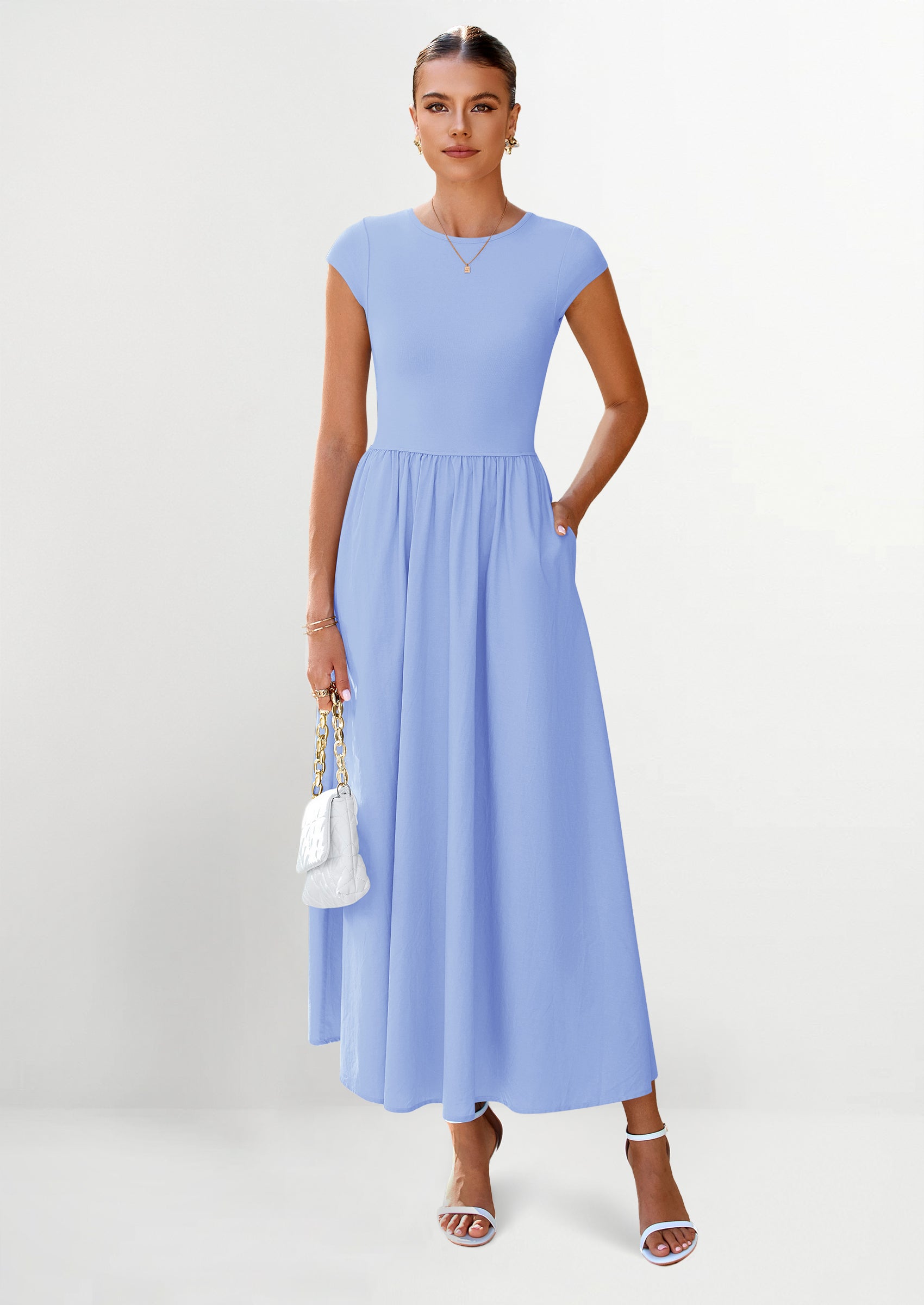 PRETTYGARDEN Women's Casual Long Dresses Cap Sleeve Patchwork A Line Flowy Modest Elegant Homecoming Maxi Dress