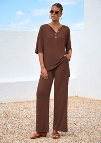 PRETTYGARDEN Women's 2 Piece Outfits Summer Casual V Neck Short Sleeve Tops Wide Leg Pants Matching Lounge Sets