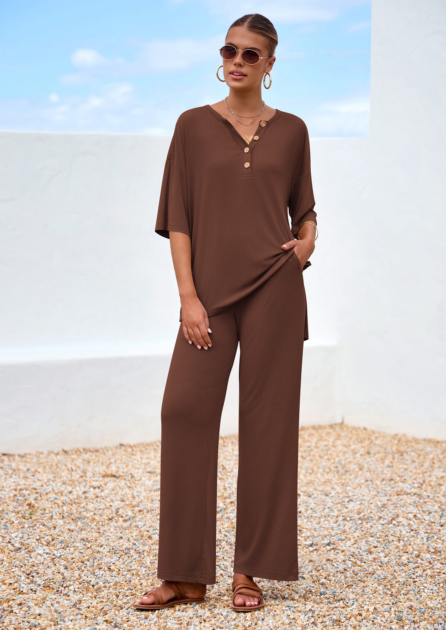 PRETTYGARDEN Women's 2 Piece Outfits Summer Casual V Neck Short Sleeve Tops Wide Leg Pants Matching Lounge Sets