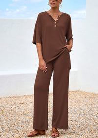 PRETTYGARDEN Women's 2 Piece Outfits Summer Casual V Neck Short Sleeve Tops Wide Leg Pants Matching Lounge Sets