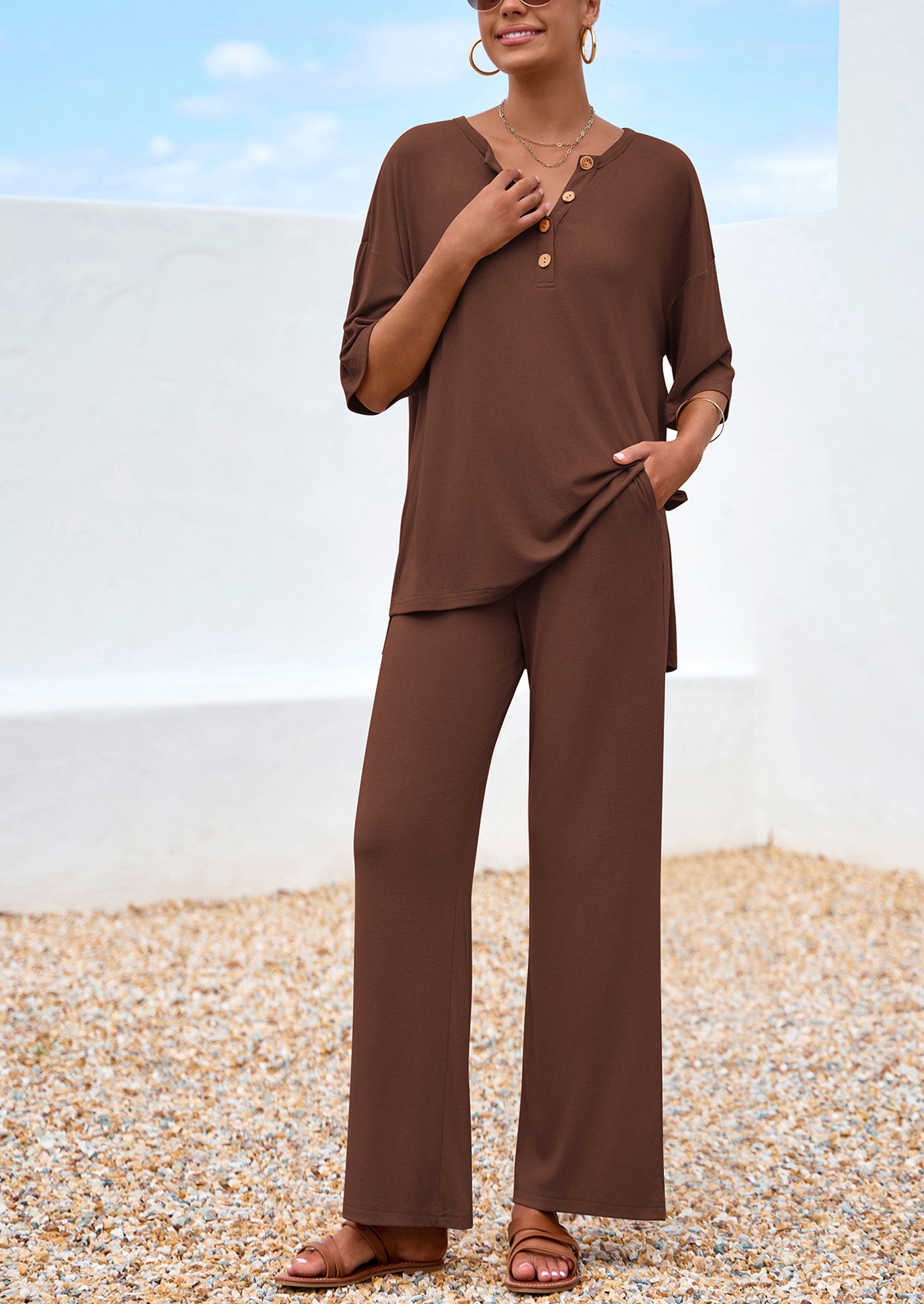 PRETTYGARDEN Women's 2 Piece Outfits Summer Casual V Neck Short Sleeve Tops Wide Leg Pants Matching Lounge Sets