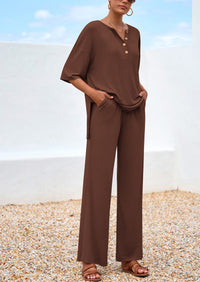 PRETTYGARDEN Women's 2 Piece Outfits Summer Casual V Neck Short Sleeve Tops Wide Leg Pants Matching Lounge Sets