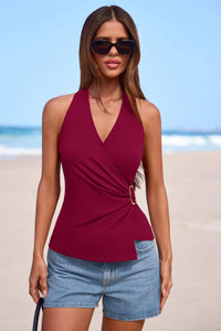 PRETTYGARDEN Womens Halter Top Spring Tie Wrap Sleeveless Ruched V Neck Fitted Summer Tops Backless Fashion Y2k Clothes PRETTYGARDEN