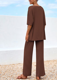 PRETTYGARDEN Women's 2 Piece Outfits Summer Casual V Neck Short Sleeve Tops Wide Leg Pants Matching Lounge Sets