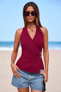 PRETTYGARDEN Womens Halter Top Spring Tie Wrap Sleeveless Ruched V Neck Fitted Summer Tops Backless Fashion Y2k Clothes PRETTYGARDEN