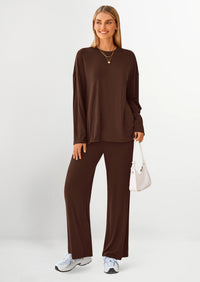 PRETTYGARDEN Women's Two Piece Lounge Sets Matching Long Sleeve Shirts Wide Leg Pants Tracksuits Travel Outfits Fall Clothes