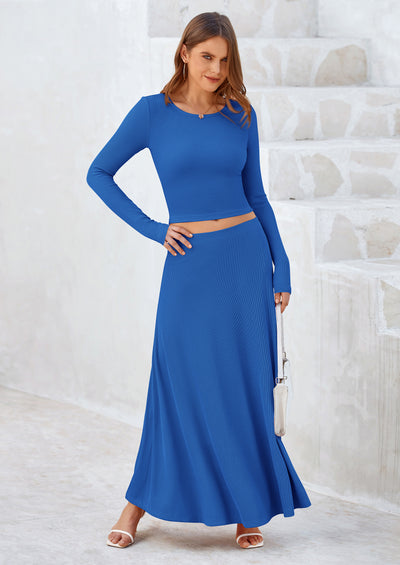 PRETTYGARDEN 2 Piece Casual Ribbed Knit Long Sleeve Crop Tops Maxi Flowy Skirts Matching Sets