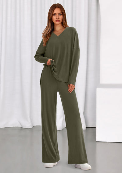 PRETTYGARDEN 2 Piece Lounge Sets for Women Fall Outfits Casual Loose Long Sleeve Tops Wide Leg Pants Matching Pajama Set