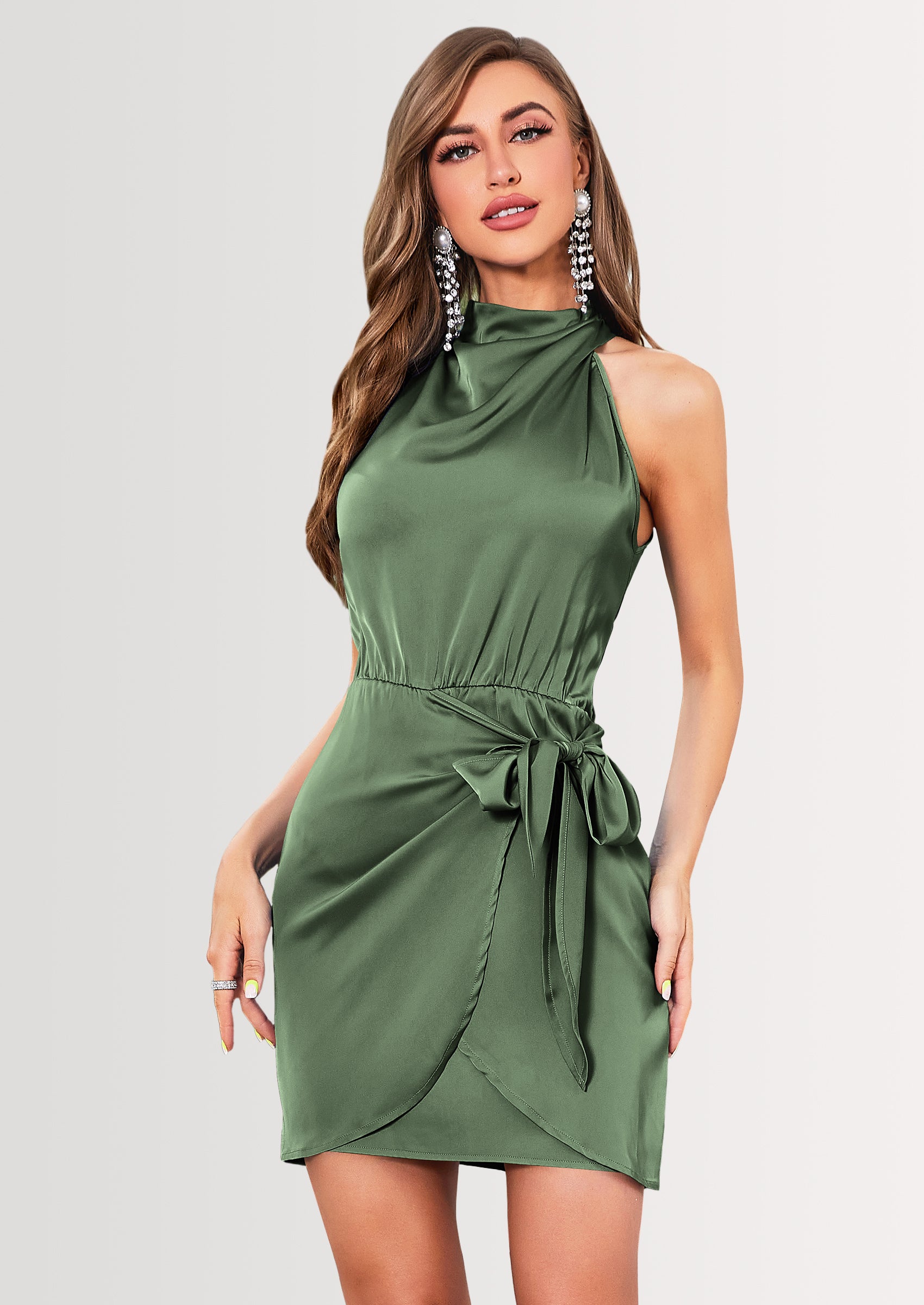 PRETTYGARDEN Women's Short Formal Satin Dress Summer Sleeveless Mock Neck Tie Waist Cocktail Party Dresses