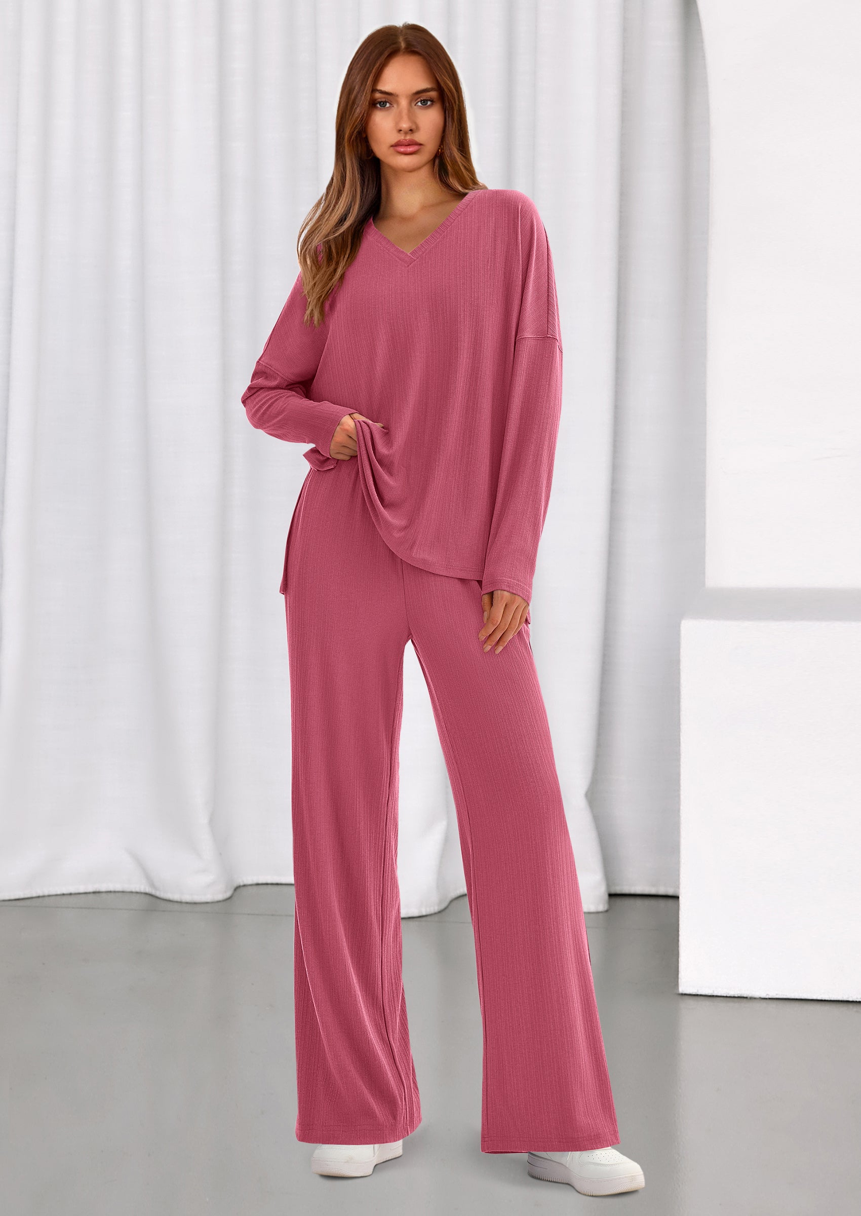 PRETTYGARDEN 2 Piece Lounge Sets for Women Fall Outfits Casual Loose Long Sleeve Tops Wide Leg Pants Matching Pajama Set