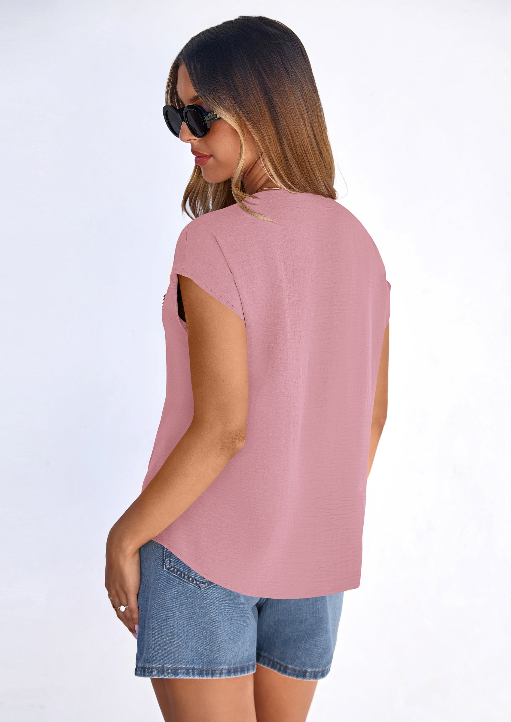 PRETTYGARDEN Spring Tops for Women Summer Fashion Clothes Dressy Casual Blouses Cap Sleeve V Neck Shirts Work Outfits PRETTYGARDEN