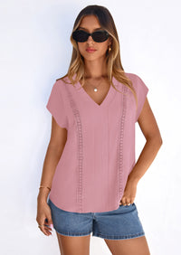 PRETTYGARDEN Spring Tops for Women Summer Fashion Clothes Dressy Casual Blouses Cap Sleeve V Neck Shirts Work Outfits PRETTYGARDEN