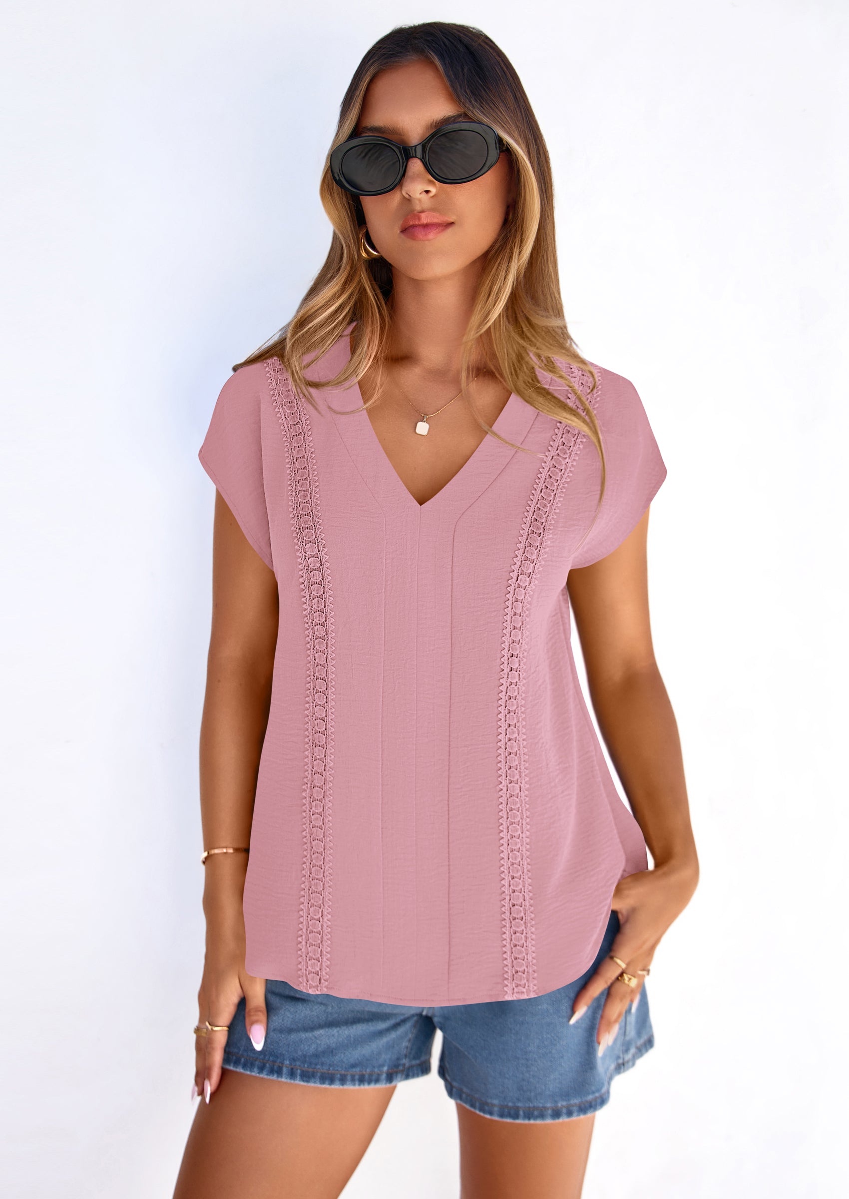 PRETTYGARDEN Spring Tops for Women Summer Fashion Clothes Dressy Casual Blouses Cap Sleeve V Neck Shirts Work Outfits PRETTYGARDEN