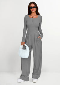 PRETTYGARDEN Jumpsuits for Women Dressy Casual Fall One Piece Outfits Long Sleeve Crew Neck Wide Leg Pants Rompers