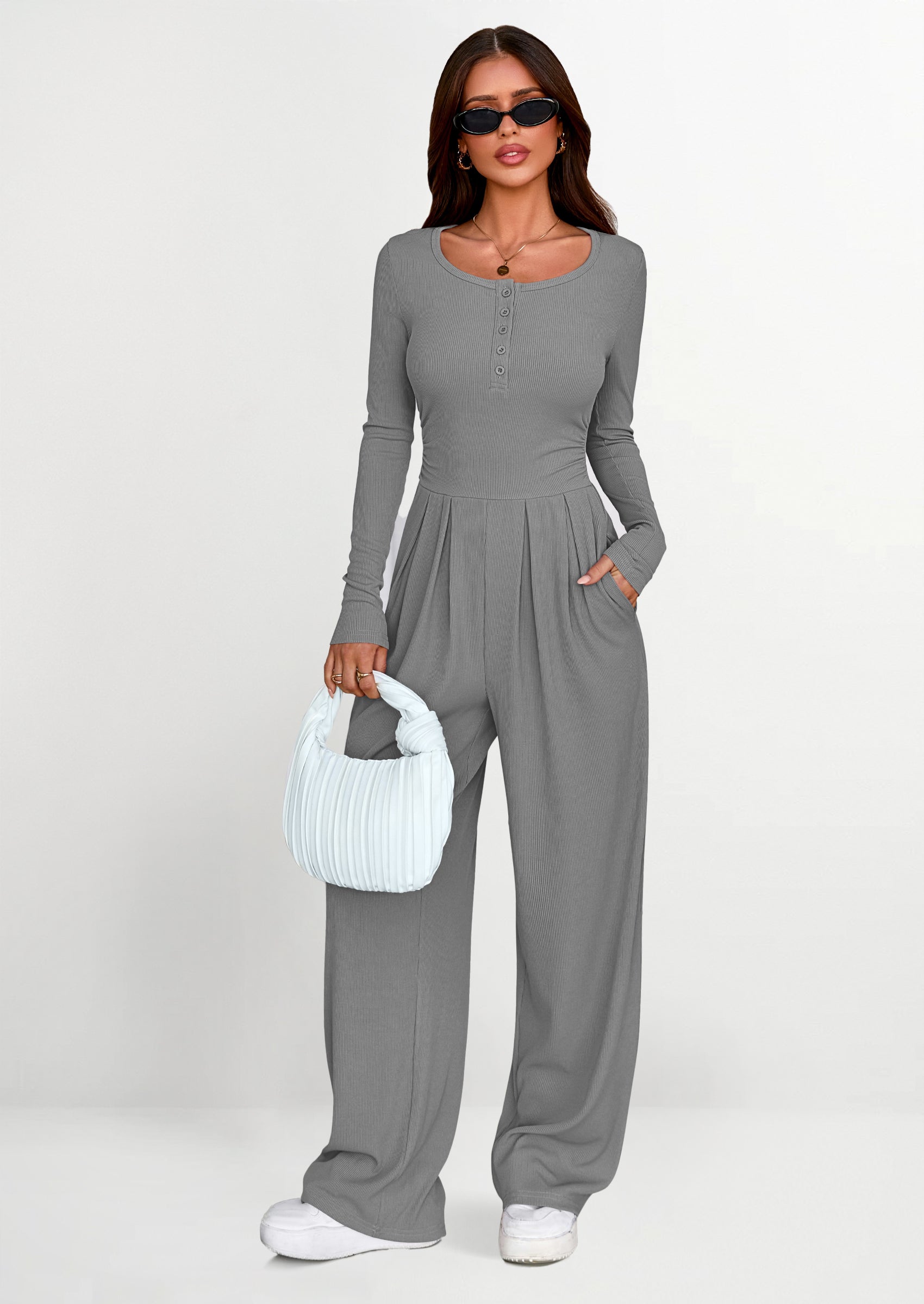 PRETTYGARDEN Jumpsuits for Women Dressy Casual Fall One Piece Outfits Long Sleeve Crew Neck Wide Leg Pants Rompers