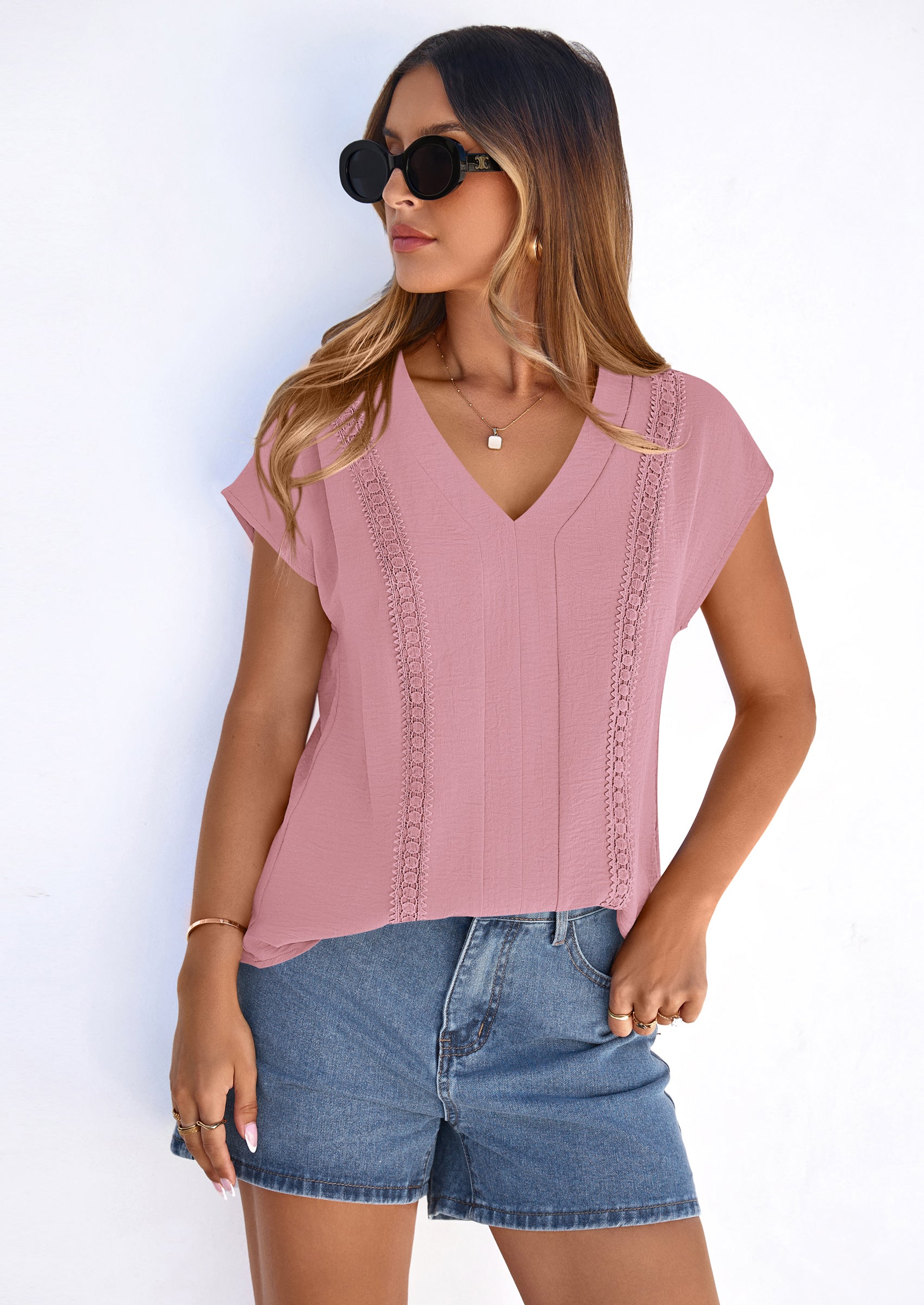 PRETTYGARDEN Spring Tops for Women Summer Fashion Clothes Dressy Casual Blouses Cap Sleeve V Neck Shirts Work Outfits PRETTYGARDEN