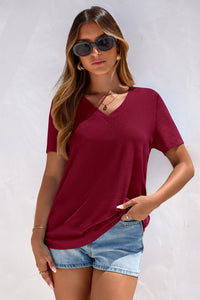 PRETTYGARDEN Women's V Neck T Shirts Summer Short Sleeve Spring Going Out Tops Casual Loose Fit Basic Tees Beach Clothes PRETTYGARDEN