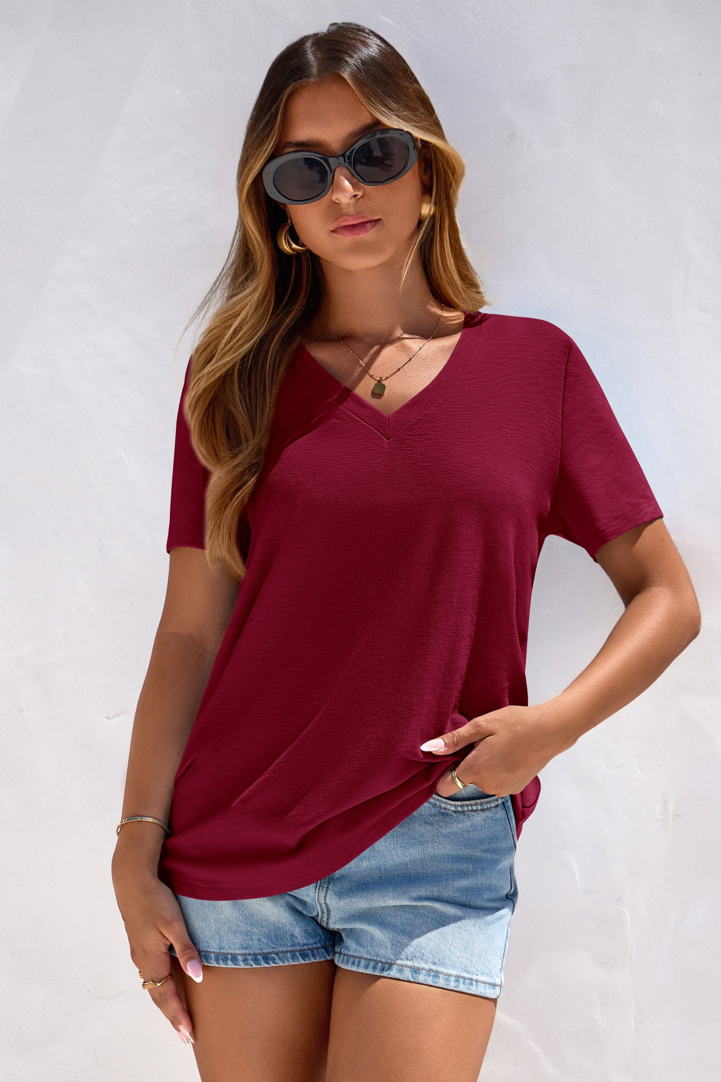 PRETTYGARDEN Women's V Neck T Shirts Summer Short Sleeve Spring Going Out Tops Casual Loose Fit Basic Tees Beach Clothes PRETTYGARDEN