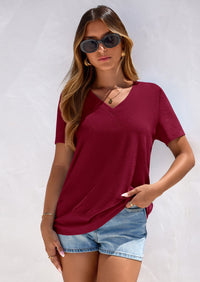 PRETTYGARDEN Women's V Neck T Shirts Summer Short Sleeve Spring Going Out Tops Casual Loose Fit Basic Tees Beach Clothes PRETTYGARDEN