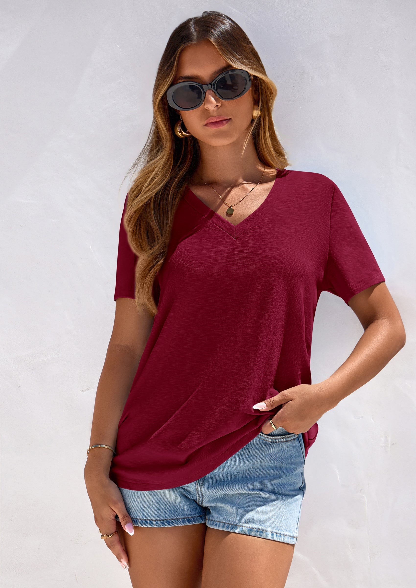 PRETTYGARDEN Women's V Neck T Shirts Summer Short Sleeve Spring Going Out Tops Casual Loose Fit Basic Tees Beach Clothes PRETTYGARDEN