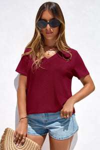 PRETTYGARDEN Women's V Neck T Shirts Summer Short Sleeve Spring Going Out Tops Casual Loose Fit Basic Tees Beach Clothes PRETTYGARDEN