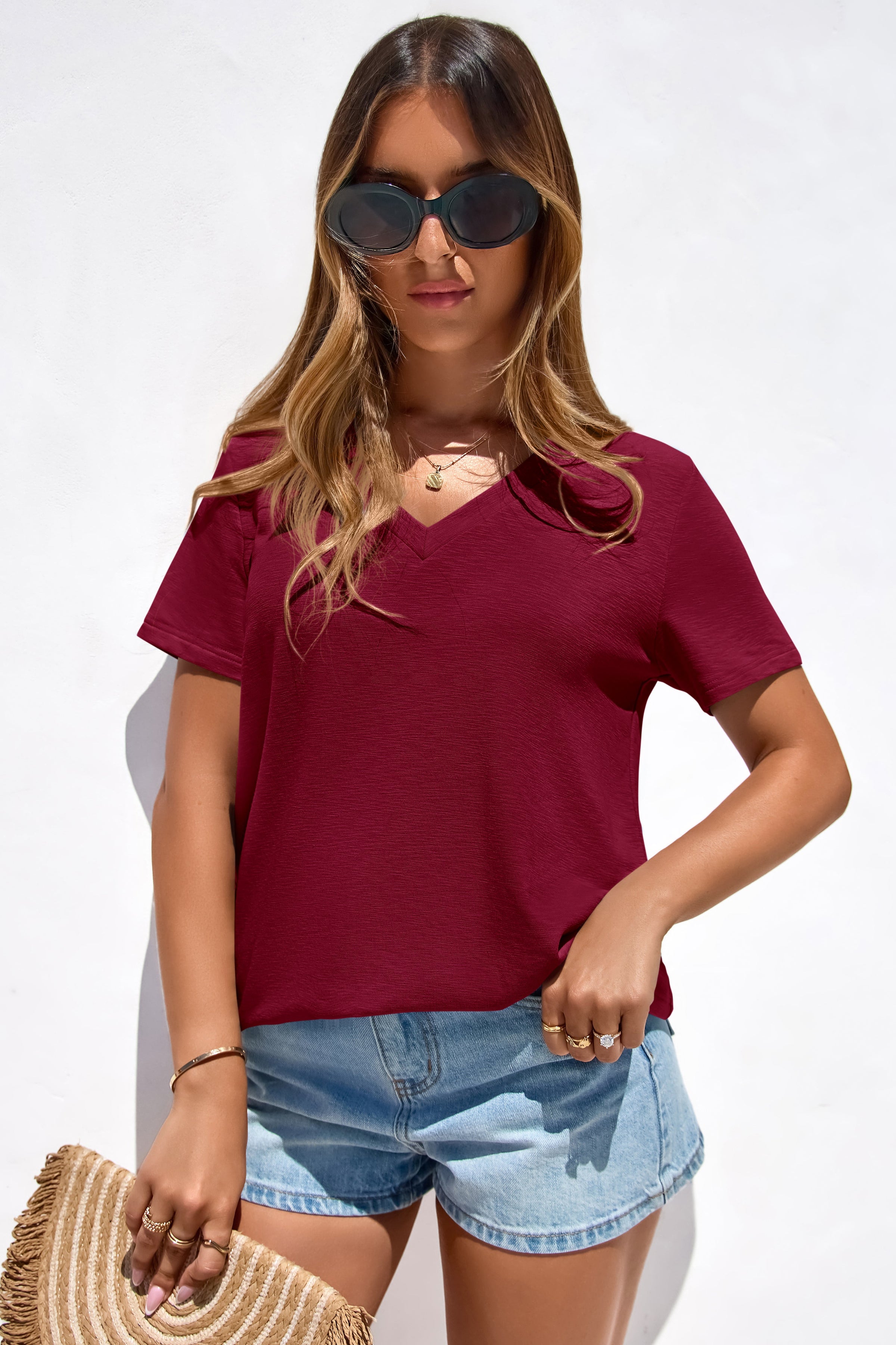 PRETTYGARDEN Women's V Neck T Shirts Summer Short Sleeve Spring Going Out Tops Casual Loose Fit Basic Tees Beach Clothes PRETTYGARDEN