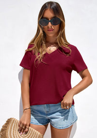 PRETTYGARDEN Women's V Neck T Shirts Summer Short Sleeve Spring Going Out Tops Casual Loose Fit Basic Tees Beach Clothes PRETTYGARDEN