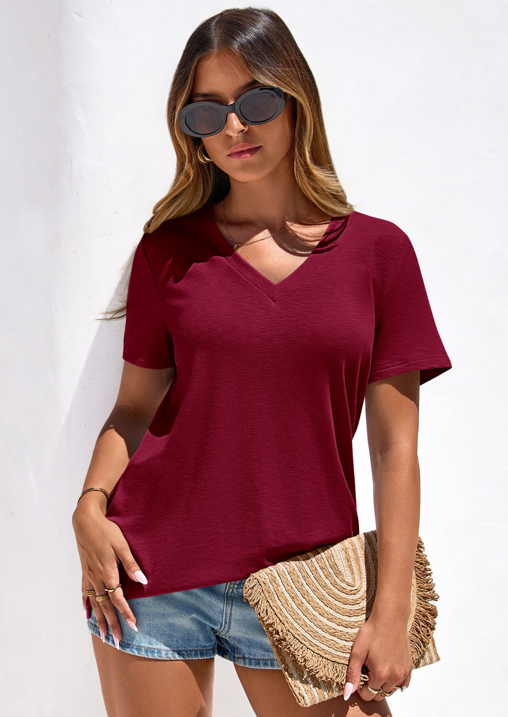 PRETTYGARDEN Women's V Neck T Shirts Summer Short Sleeve Spring Going Out Tops Casual Loose Fit Basic Tees Beach Clothes PRETTYGARDEN