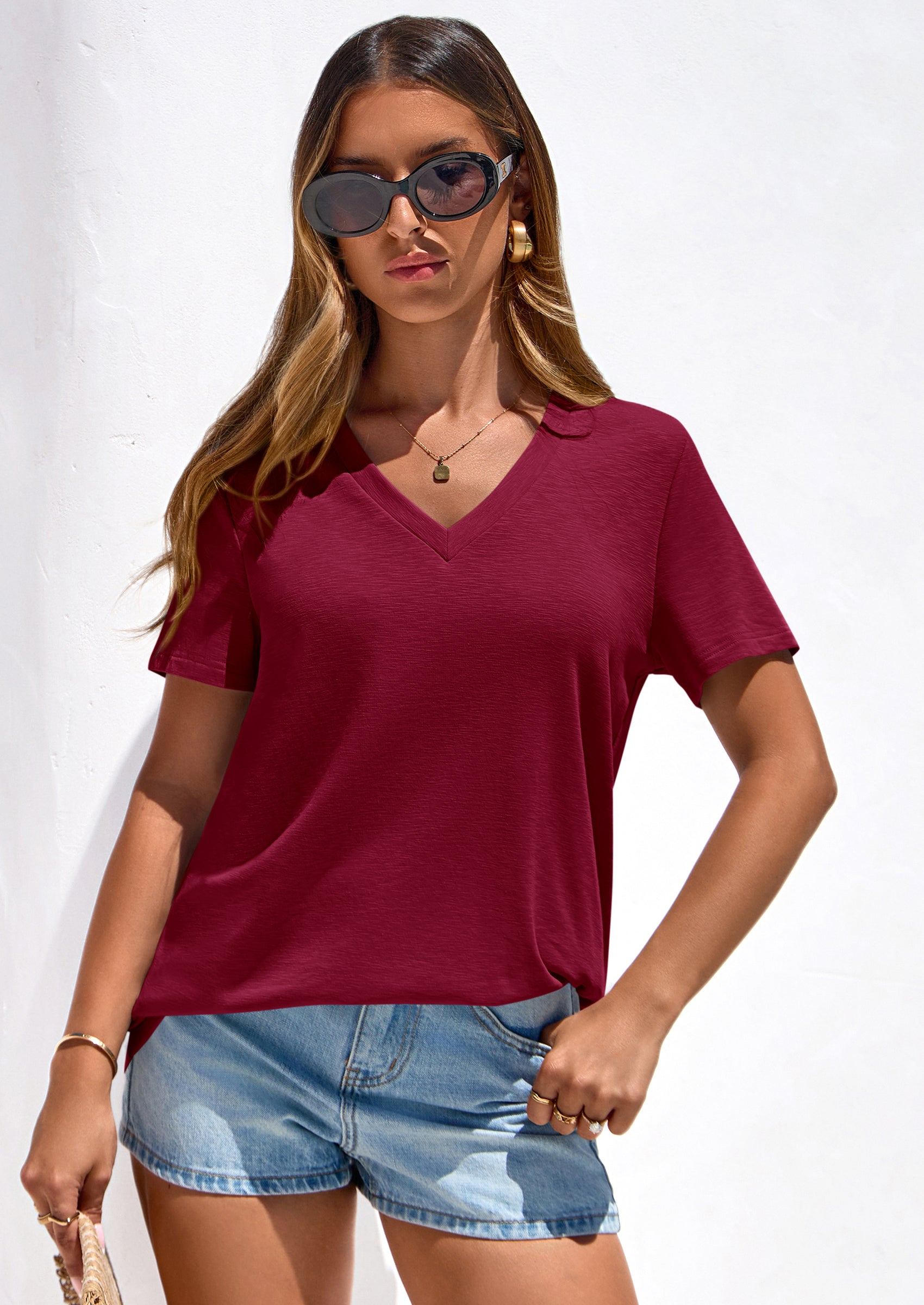 PRETTYGARDEN Women's V Neck T Shirts Summer Short Sleeve Spring Going Out Tops Casual Loose Fit Basic Tees Beach Clothes PRETTYGARDEN