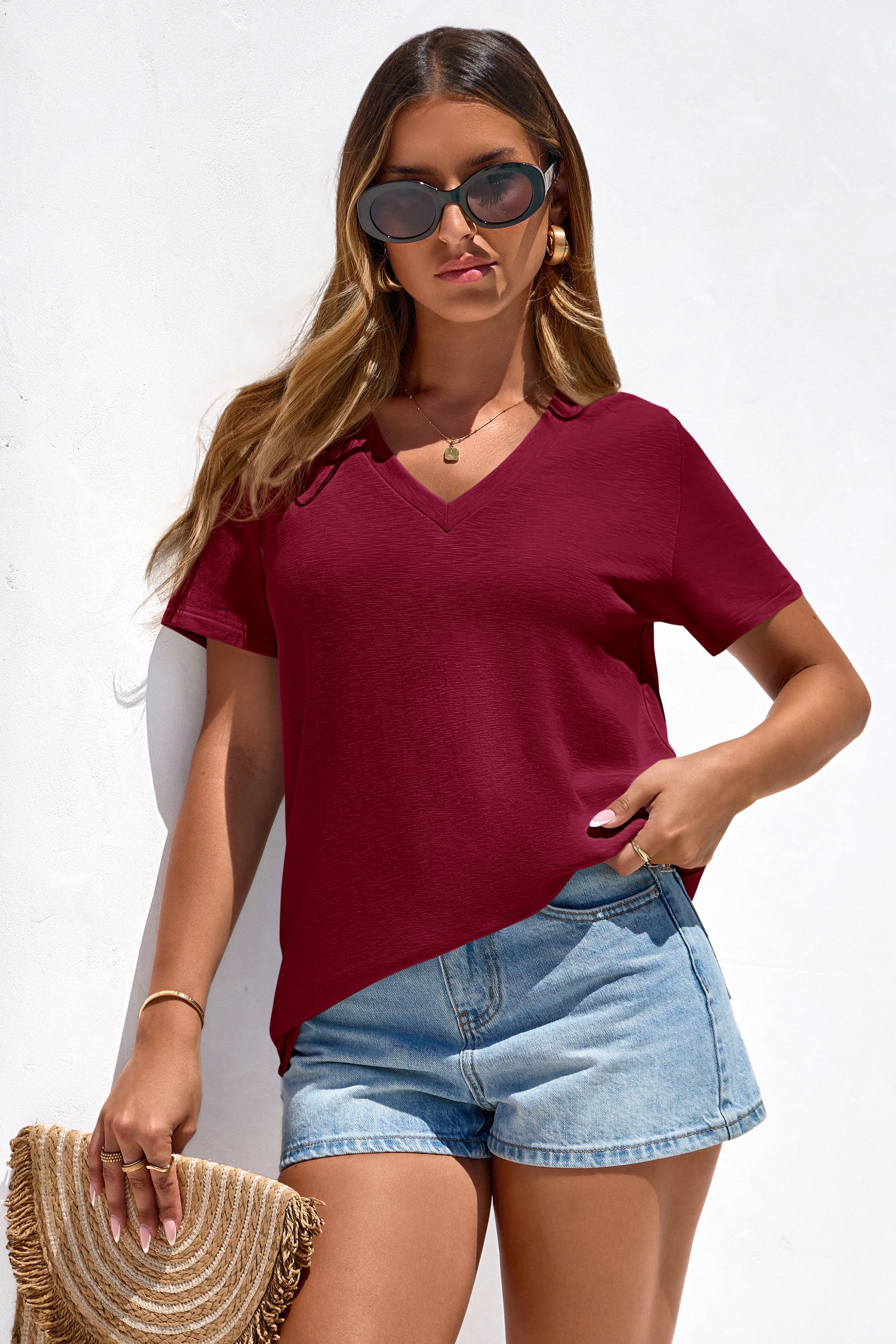PRETTYGARDEN Women's V Neck T Shirts Summer Short Sleeve Spring Going Out Tops Casual Loose Fit Basic Tees Beach Clothes PRETTYGARDEN