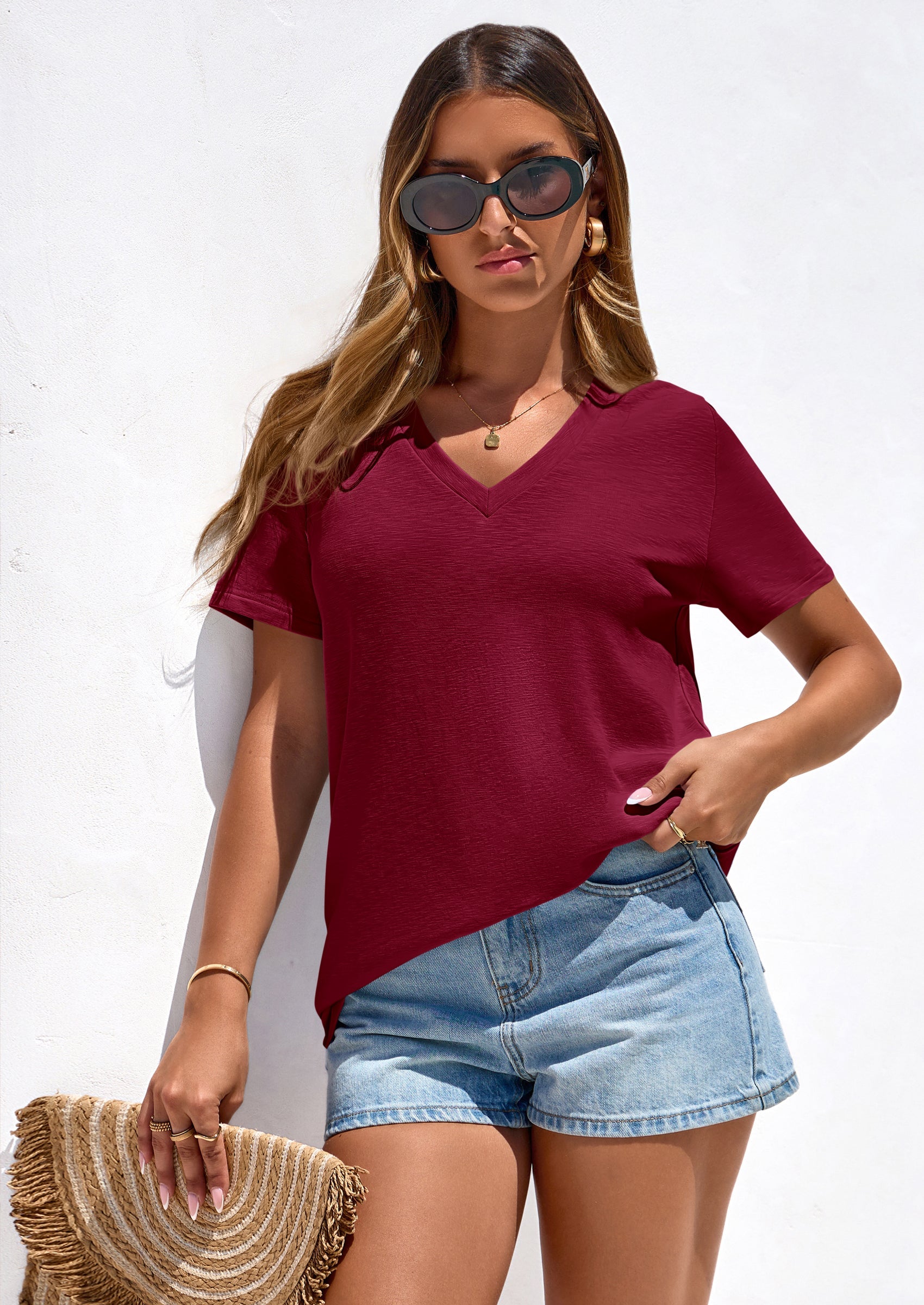 PRETTYGARDEN Women's V Neck T Shirts Summer Short Sleeve Spring Going Out Tops Casual Loose Fit Basic Tees Beach Clothes PRETTYGARDEN