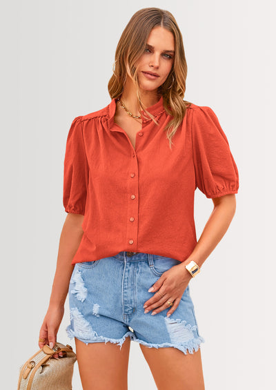 PRETTYGARDEN Women's Summer Tops Button Down Shirts Short Lantern Sleeve V Neck Cotton Cute Dressy Casual Blouses