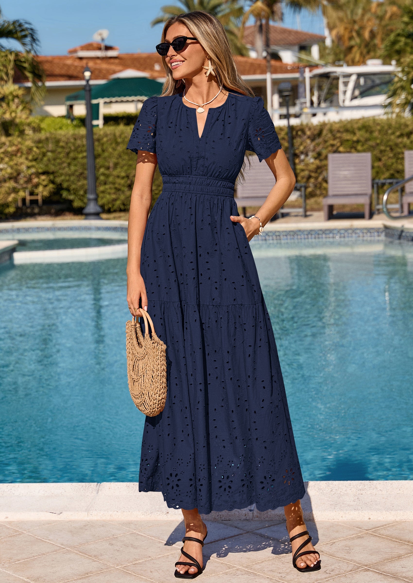PRETTYGARDEN Short Sleeve Spring Dresses for Women Elegant Classy Boho High Waist A Line Pleated Wedding Guest Dress PRETTYGARDEN