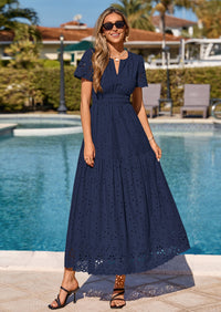 PRETTYGARDEN Short Sleeve Spring Dresses for Women Elegant Classy Boho High Waist A Line Pleated Wedding Guest Dress PRETTYGARDEN