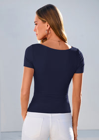 PRETTYGARDEN Women's Summer Asymmetrical Y2K Tops Trendy Ribbed Short Sleeve Fitted Tee Shirts Spring Fashion Clothing