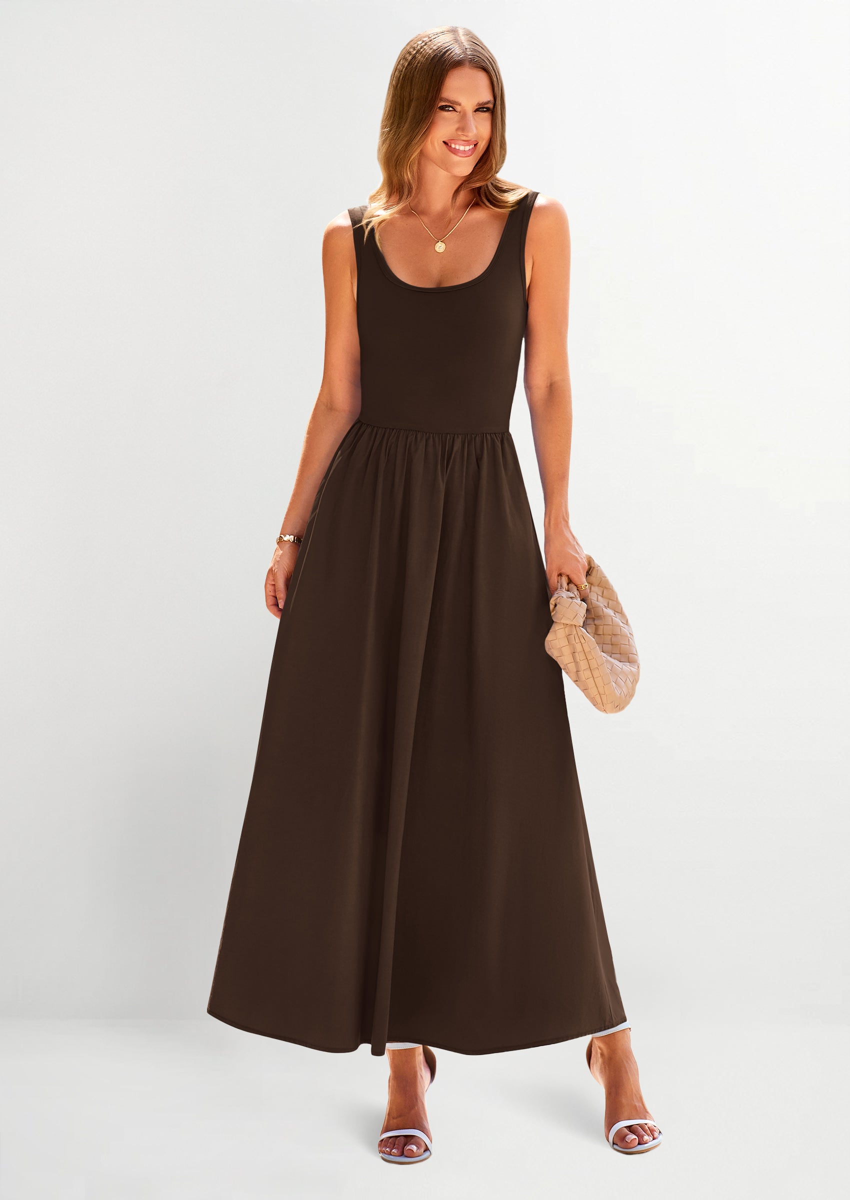 PRETTYGARDEN Womens Summer Casual Scoop Neck Sleeveless Long Dresses Tank Top Patchwork Aline Swing Maxi Dress with Pockets