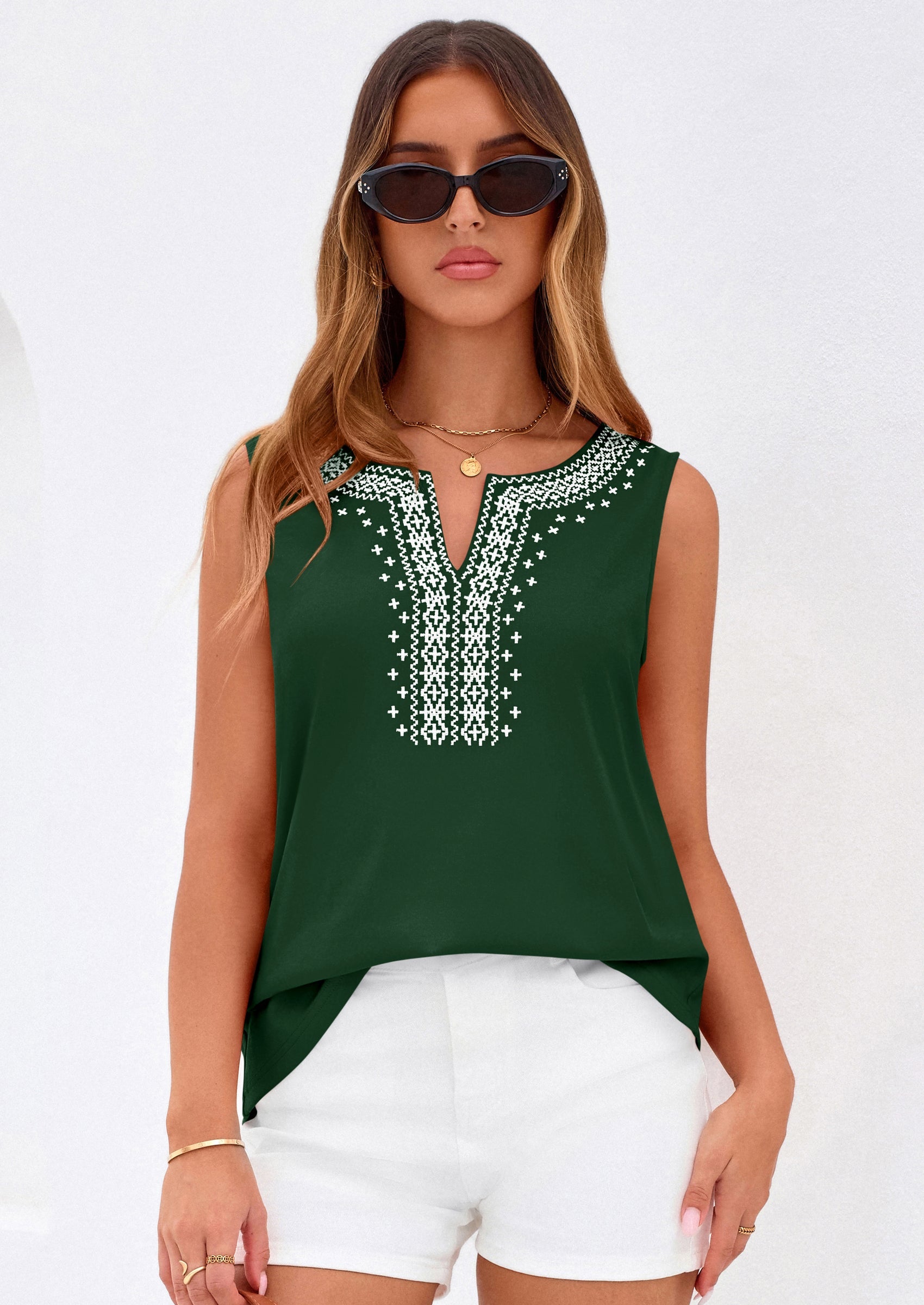 PRETTYGARDEN Womens Tank Tops Summer Causal V Neck Sleeveless Shirts Floral Print Embroidered Beach Vacation Boho Top PRETTYGARDEN