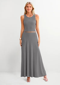 PRETTYGARDEN 2 Piece Maxi Skirt Sets Casual Knit Cropped Tank Top High Waisted Long Skirts Outfit