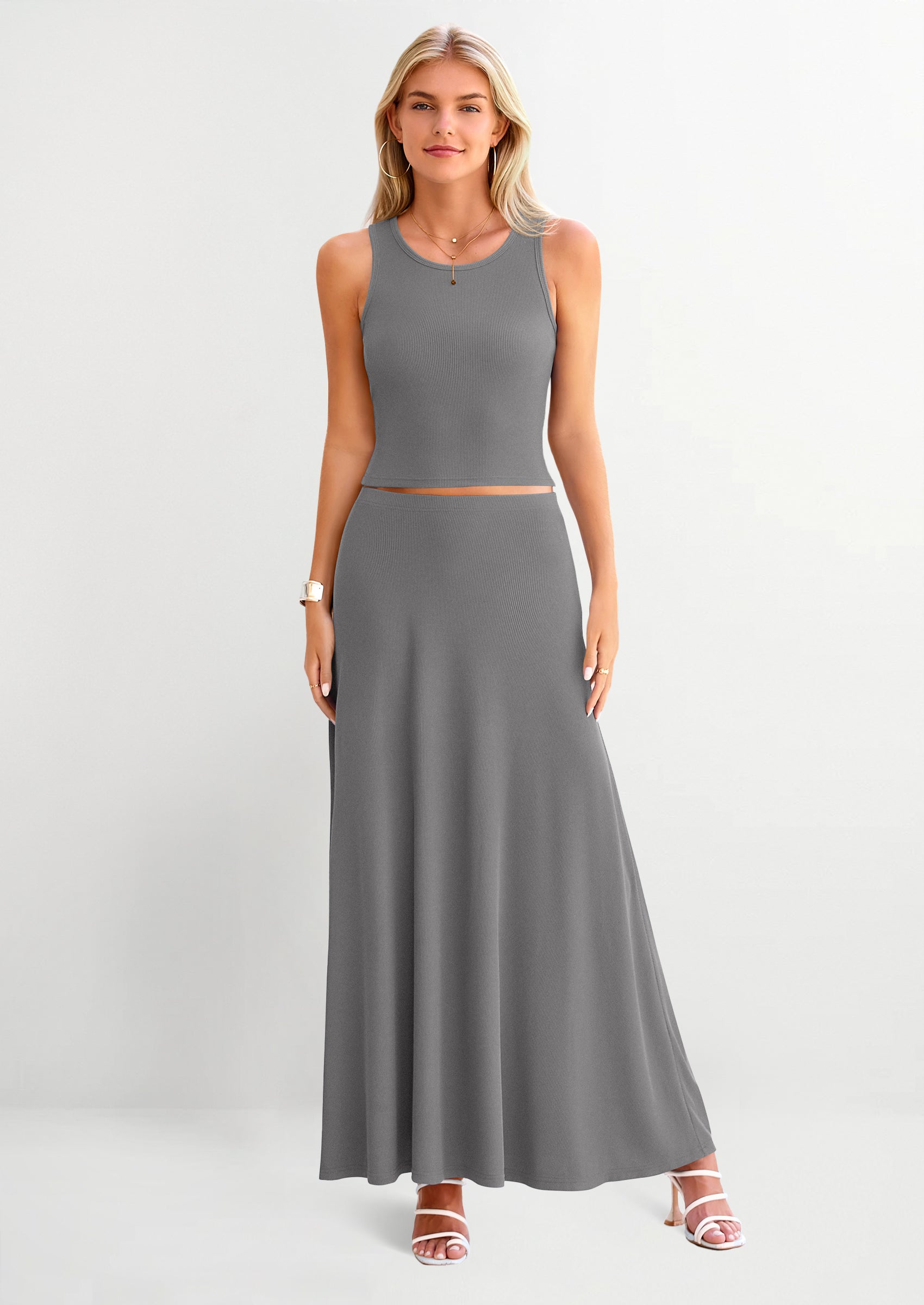 PRETTYGARDEN 2 Piece Maxi Skirt Sets Casual Knit Cropped Tank Top High Waisted Long Skirts Outfit