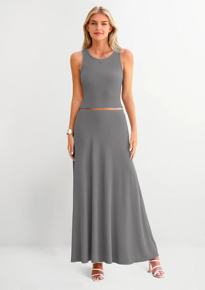 PRETTYGARDEN 2 Piece Maxi Skirt Sets Casual Knit Cropped Tank Top High Waisted Long Skirts Outfit