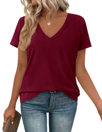 PRETTYGARDEN Women's V Neck T Shirts Summer Short Sleeve Spring Going Out Tops Casual Loose Fit Basic Tees Beach Clothes PRETTYGARDEN