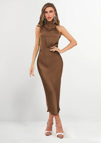 PRETTYGARDEN Women's Summer Satin Dress Elegant Sleeveless Mock Neck Cocktail Party Maxi Dresses